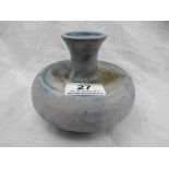 Studio pottery vase of squat bulbous form, flared neck, mottled blue colour palette, monogrammed