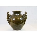 Large "Harry Juniper" Bideford Pottery vase with three Dragon handles and incised Fish decoration