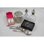 Collection of items to include a Victorian silver topped glass dressing table jar, repousse