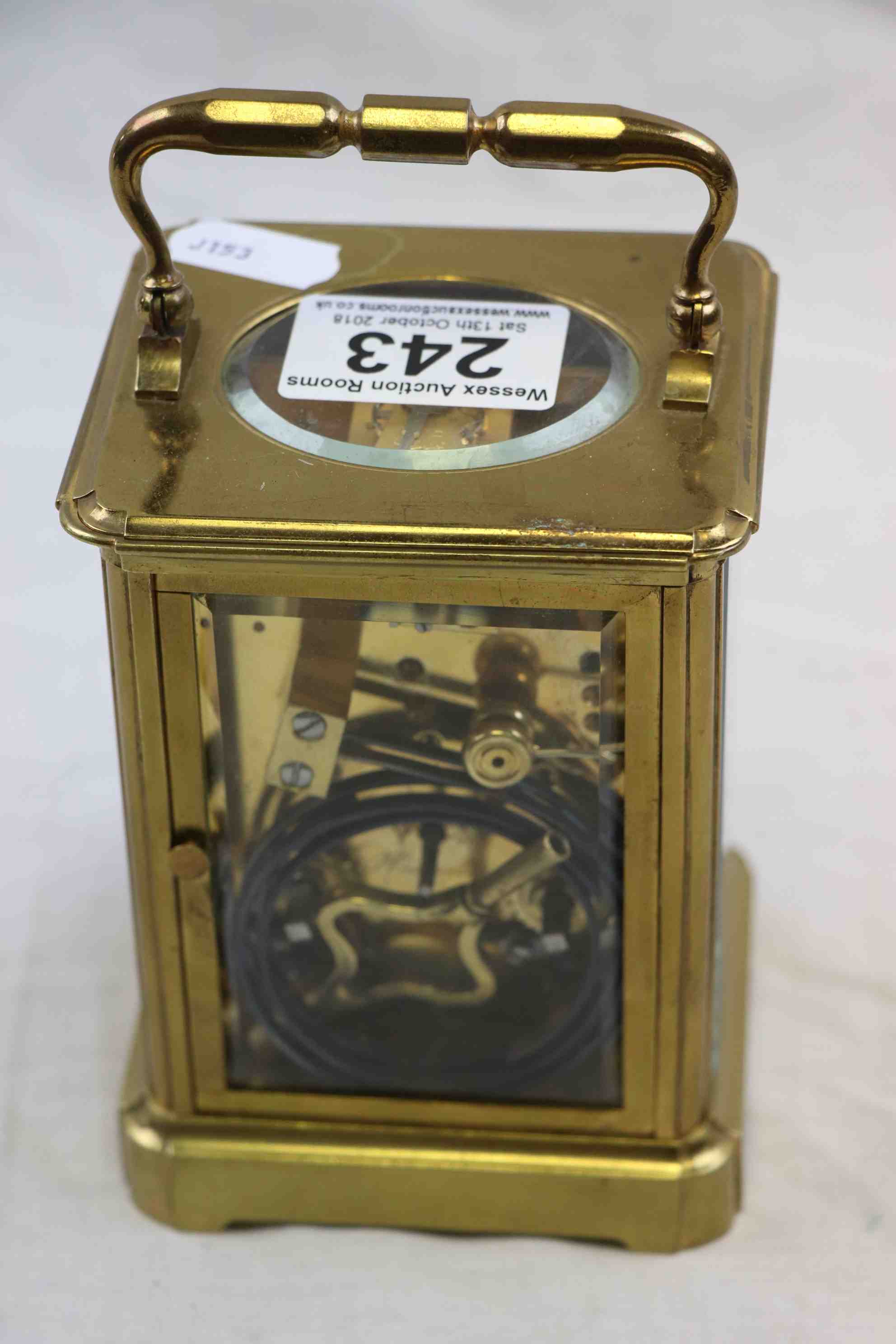Brass chiming carriage clock, white enamel dial with black Roman numerals with Arabic numerals to - Image 6 of 6