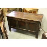 18th / 19th century Carved Oak Three Panel Coffer, the interior fitted with a candlebox, 117cms long