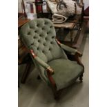 Victorian Mahogany Framed Gentleman's Armchair with Green Button Back Upholstery