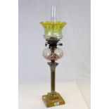 Large 19th Century Brass Corinthian Column Oil Lamp with clear cut glass reservoir and floral