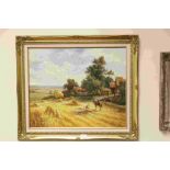 P. Wilson, Gilt framed Oil on canvas of a Harvest Scene, signed lower right, 60cms x 39cms