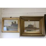 Gilt Framed and Glazed Watercolour of a Continental Church by River, 34cms x 25cms together with