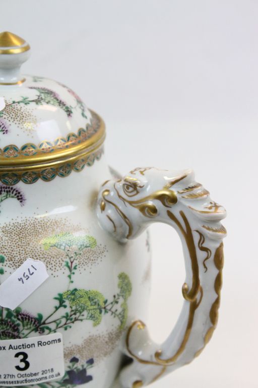 Antique Oriental ceramic Teapot with hand painted Floral design, Dragon handle, Gilt detailing and - Image 3 of 6