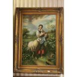 Large Gilt framed Oil on canvas of a Girl with Sheep & signed L Crowson, 90cms x 60cms