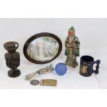 Mixed Lot including Chinese Ceramic Figure, Globe Paperweight, Wooden Tribal Vase, Portmeirion