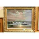 Peter Coslett (b, 1927) Oil on Canvas of Moonlit Seascape, 49cms x 40cms, Gilt Framed