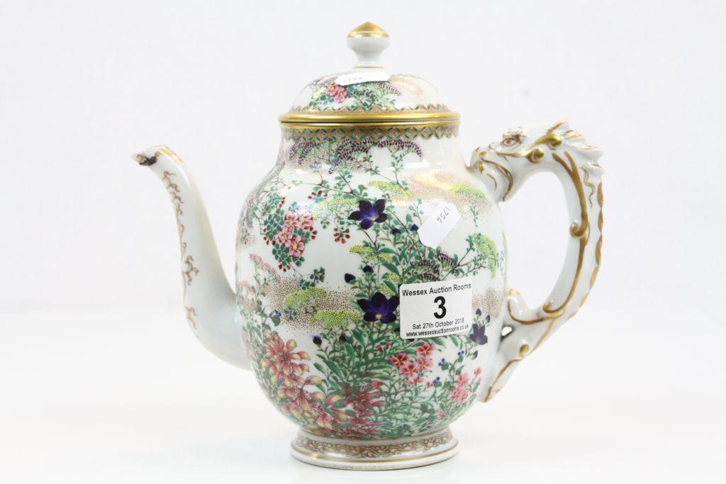 Antique Oriental ceramic Teapot with hand painted Floral design, Dragon handle, Gilt detailing and - Image 2 of 6