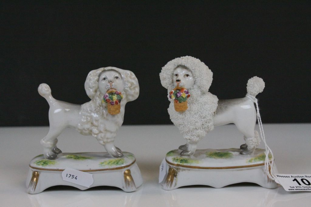 Two pairs of 19th Century ceramic Poodles with Baskets of Flowers & Gilt detailing, one with Chelsea - Image 3 of 6