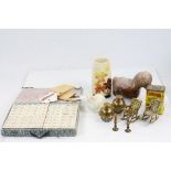 Small box of mixed collectables to include Sylvac Vase and brassware plus a boxed set of Mahjong
