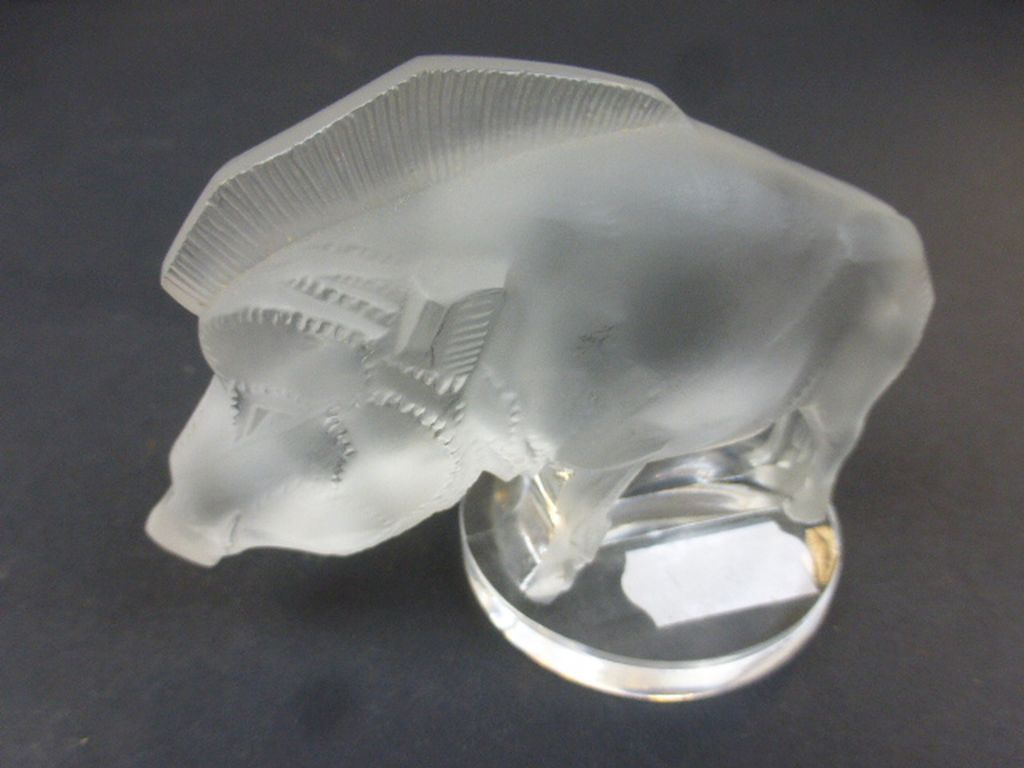 Post war Lalique frosted glass paperweight modelled as a wild boar, etched signature to base Lalique - Image 5 of 5