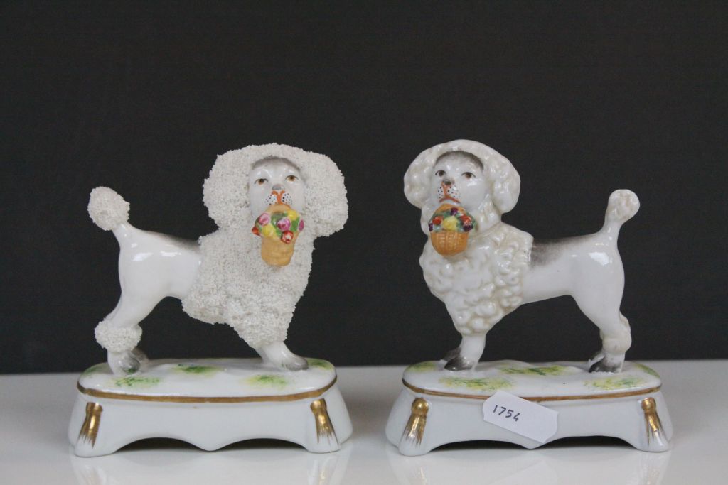 Two pairs of 19th Century ceramic Poodles with Baskets of Flowers & Gilt detailing, one with Chelsea - Image 2 of 6