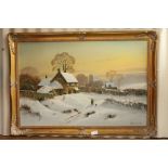 Peter Coslett (b. 1927 ) Gilt framed Oil on canvas of a Winter village scene, signed lower right,