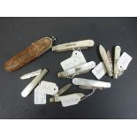 Eight Vintage Hallmarked Silver & Mother of Pearl Fruit Knives, one with Leather purse to include;