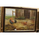 Oak Framed Oil Painting of a Farm Scene with Cockerel and Hen, signed