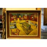 Oil Painting Surrealist Interior Scene of a Snooker Table in a Bar with Figures, signed