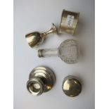 Mixed Silver Items to include Napkin Ring, Dwarf Candlestick, Silver Top Bottles, etc