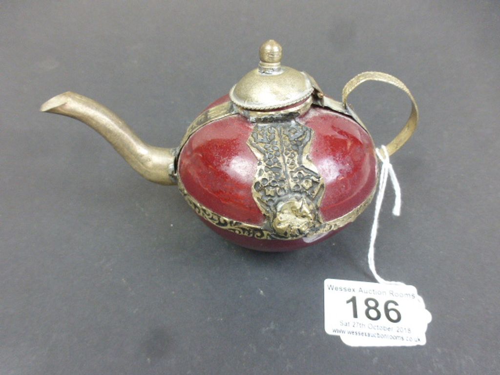 Asian ceramic Teapot with silvered metal mounts and Spout