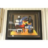 Studio Framed Retro Scene Mixed Media, surrealist interior in vivid colour signed