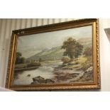 Thomas Spinks, Large 19th century Oil on Canvas Rural River Scene with Figures possibly North Wales,