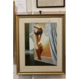 Modern School, Oil Painting Portrait of a Nude Female taking a Shower, signed