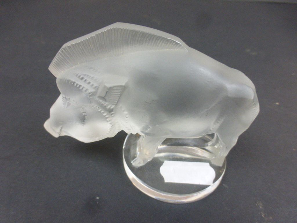 Post war Lalique frosted glass paperweight modelled as a wild boar, etched signature to base Lalique