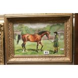 Oil on Board of Stallion and Trainer in Landscape