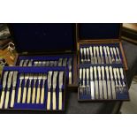 Two Wooden cased 19th Century Fruit or Dessert cutlery sets to include a Silver plate set with