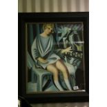 Oil on Canvas Portrait of an Art Deco Lady seated by a Verandah, signed