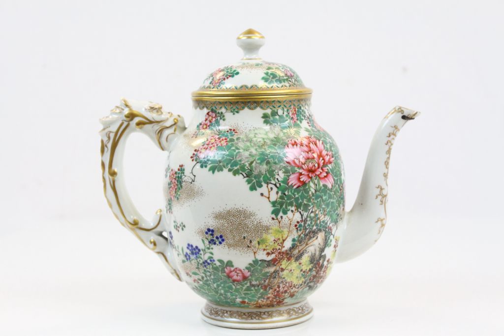 Antique Oriental ceramic Teapot with hand painted Floral design, Dragon handle, Gilt detailing and