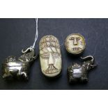 Two Handmade Bone and White Metal Pill Boxes and Two Silver Elephants
