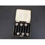 Cased Set of Six Silver Art Deco Coffee Bean Spoons, Birmingham 1939