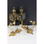 Pair of Brass Carriage Lamps together with a Pair of Gilt Metal Two Branch Wall Light Fittings