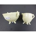 Sowerby Queensware ivory pressed glass twin handled sugar bowl and cream jug, peacock and floral