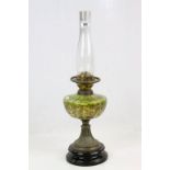 19th century Oil Lamp with Floral decorated green Glass oil reservior, comes with glass funnel