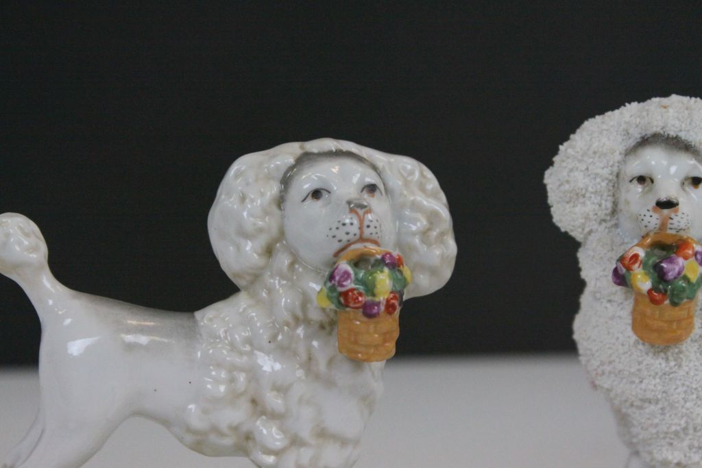 Two pairs of 19th Century ceramic Poodles with Baskets of Flowers & Gilt detailing, one with Chelsea - Image 5 of 6