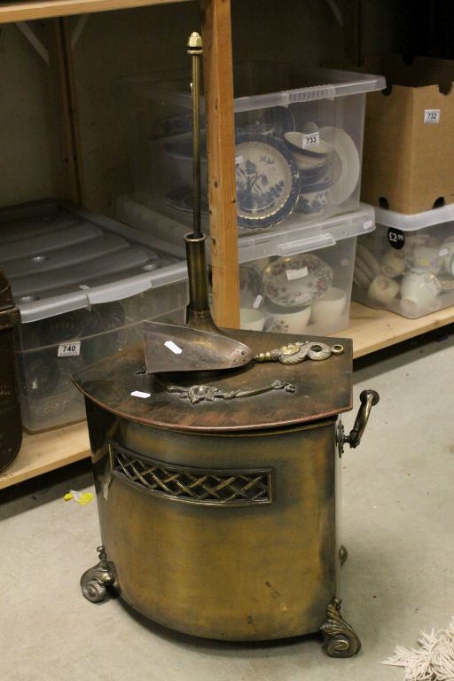 Ornate Brass Coal bin with liner, Poker with stand and a small shovel