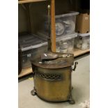Ornate Brass Coal bin with liner, Poker with stand and a small shovel