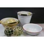 Three ceramic Mixing bowls, Enamel Slop Bucket and bowl and two green Glass fishing balls in a