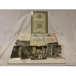 Folder of Mixed Ephemera including World War II Military Photos, Railway Share Certificates, World