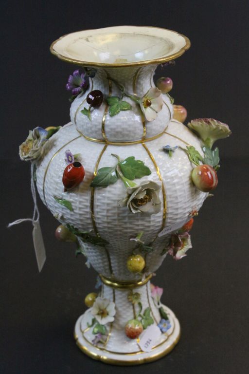 Meissen crossed sword marked pedestal Vase with raised Fruit & Floral decoration for restoration - Image 2 of 6