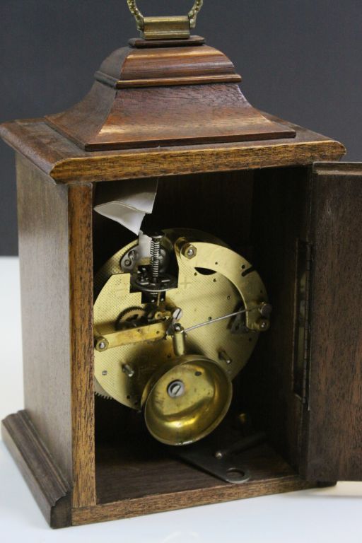 Wooden cased striking Mantle Clock with key, maker marked FHF to movement - Image 2 of 4