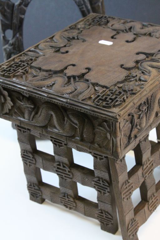 Chinese / Oriental Hardwood Folding / Travelling Table, ornately carved with Dragons, 32cms wide x - Image 2 of 4