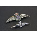Vintage White Metal and Enamel RAF Wings Sweetheart Badge together with another RAF Wings Sweetheart