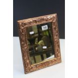 Copper framed Mirror with embossed pattern, wooden back and stand