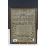 Framed & glazed Sampler dated 1809