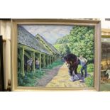 Framed Oil on canvas of a farming scene with Shire horse & signed Bernard Venables