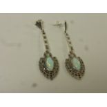Pair of Silver Marcasite and Opal Paneled Drop Earrings